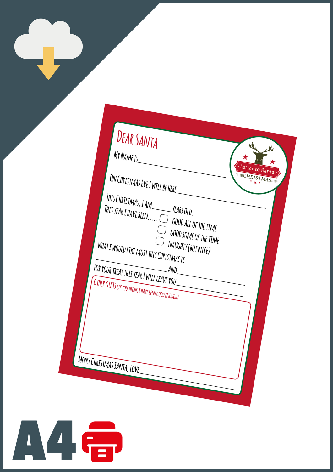 Letter To Santa Template (Instant Email Delivery)